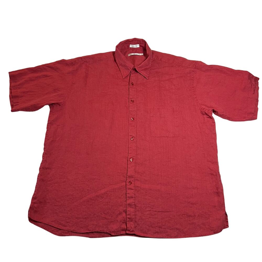 Vintage Burma Bibas Men's 100% Natural Linen Button Up Shirt Size XL Breathable
